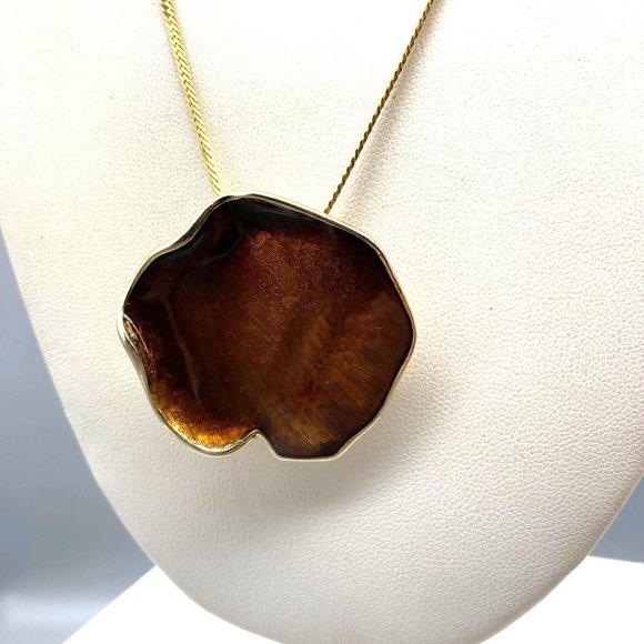 Vintage Sarah Coventry Amber Petal Pendant Brooch, Brown Enamel Lilypad Gold - Picture 3 of 5